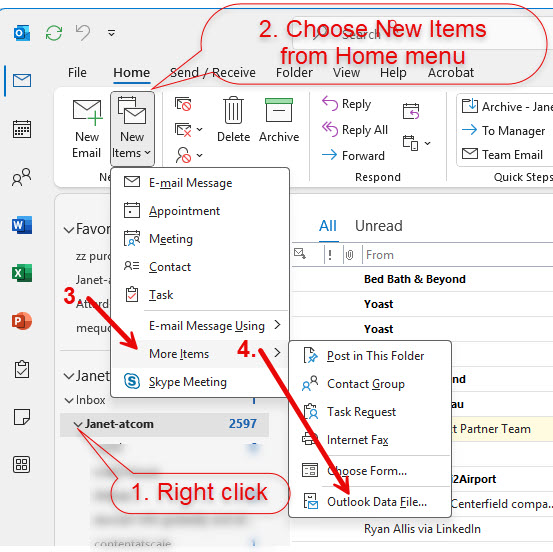 steps to create new Outlook PST file