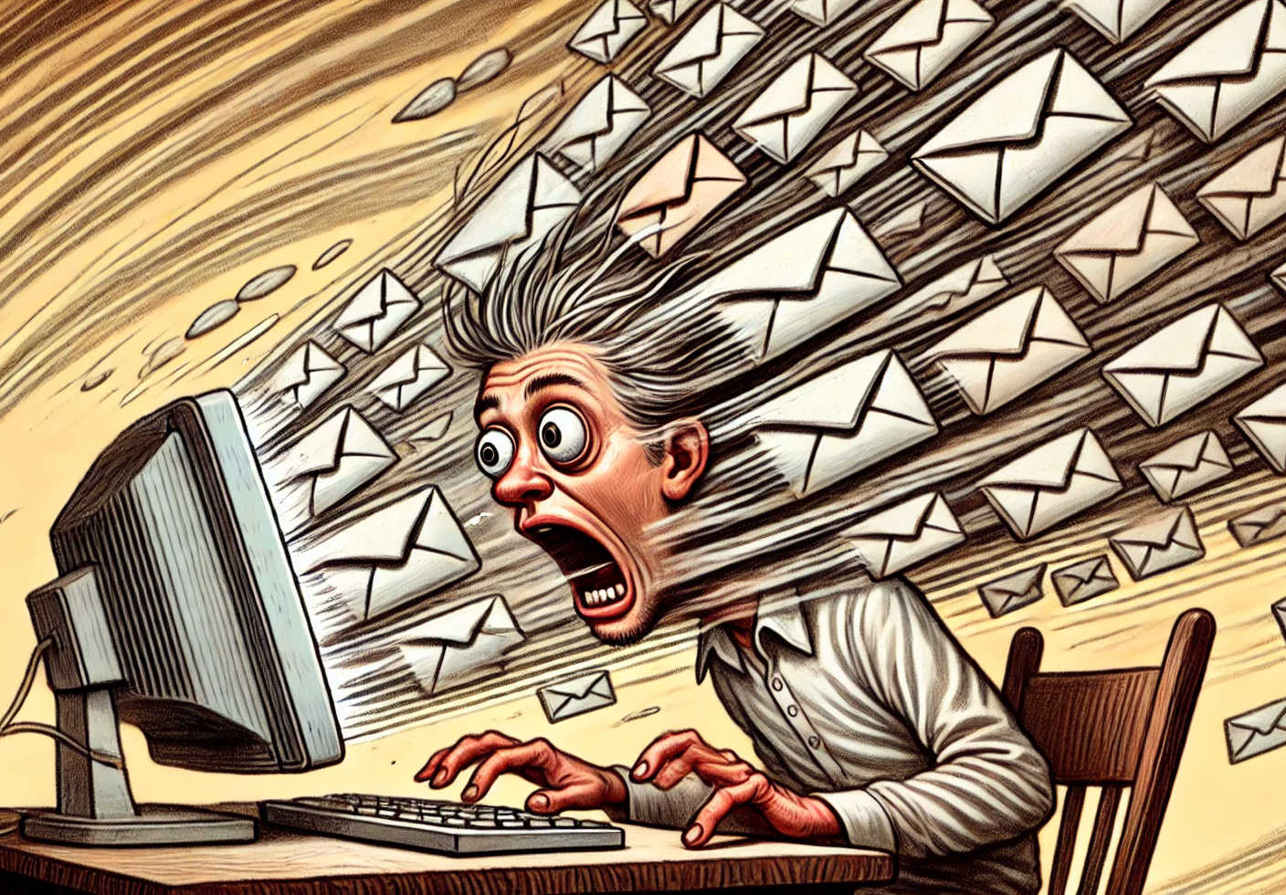 Cartoon image of man overwhelmed by email